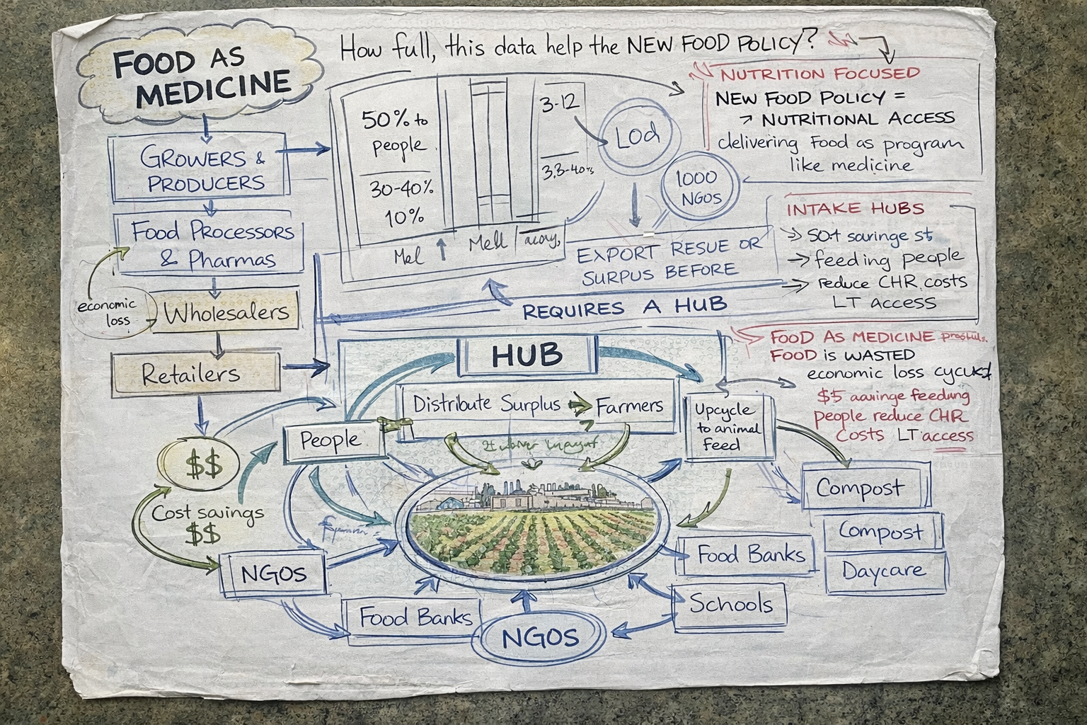 Julie Dickson Olmstead's food ecosystem vision — original napkin drawing showing the connected supply chain from farm to fork